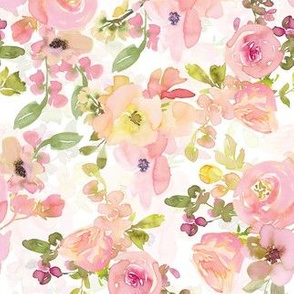 6"  Blush cute hand drawn watercolor roses and green  leaves on white double layer