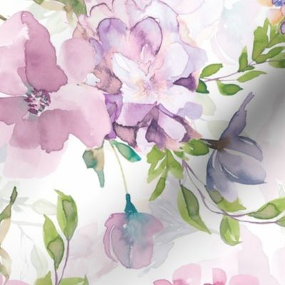 18" Light Purple cute hand drawn watercolor soft  rose flower blossoms and branches  on white