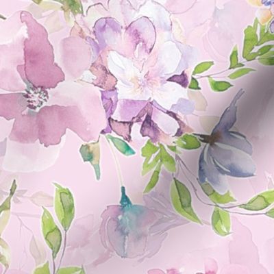 18" Light Purple cute hand drawn watercolor soft  rose flower blossoms and branches 