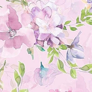 18" Light Purple cute hand drawn watercolor soft  rose flower blossoms and branches 