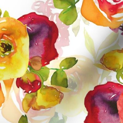 18" Colorful yellow and red cute hand drawn watercolor rose flower blossoms and branches double layer on white