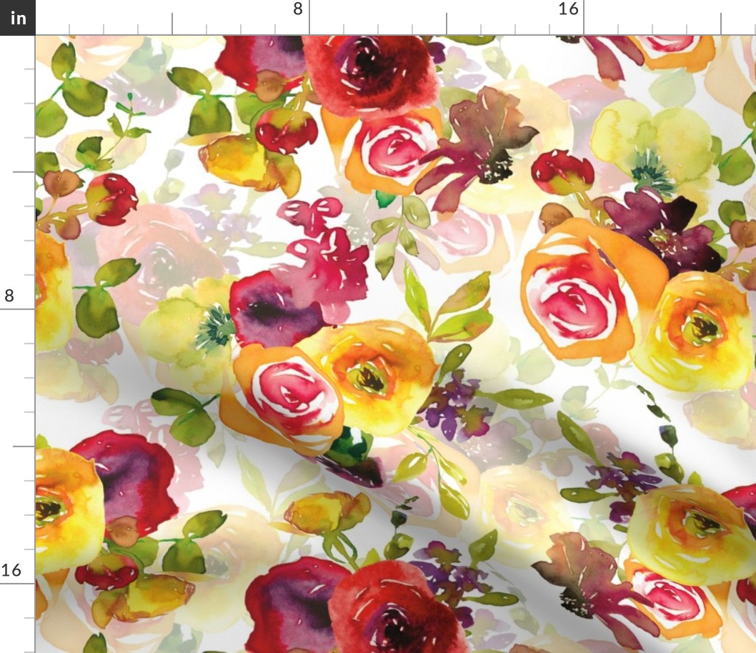 18" Colorful yellow and red cute hand drawn watercolor rose flower blossoms and branches double layer on white
