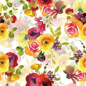 7" Colorful yellow and red cute hand drawn watercolor rose flower blossoms and branches double layer on white