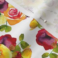 7" Colorful yellow and red cute hand drawn watercolor rose flower blossoms and branches on white