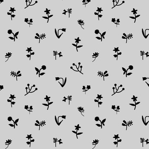 Pretty Spring Floral - Dimity Chintz #2 - Black silhouettes on silve grey, large 