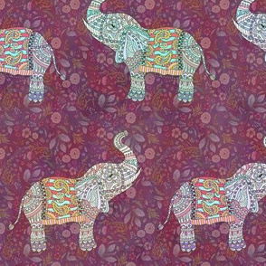 small  sweet pretty elephants on burgundy FLWRHT