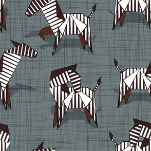 Normal scale // Origami Zebras // green grey linen texture background black and white line art safari animals