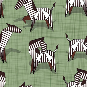 Normal scale // Origami Zebras // sage green linen texture background black and white line art safari animals