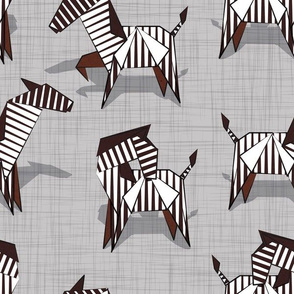 Normal scale // Origami Zebras // grey linen texture background black and white line art safari animals