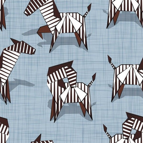 Normal scale // Origami Zebras // pastel blue linen texture background black and white line art safari animals