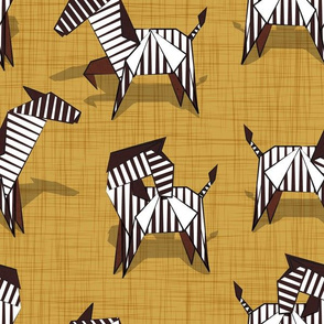 Normal scale // Origami Zebras // goldenrod yellow linen texture background black and white line art safari animals