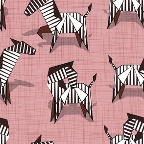 Normal scale // Origami Zebras // blush pink linen texture background black and white line art safari animals