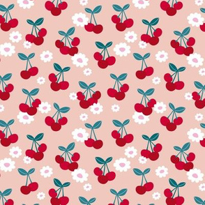 Sweet cherries and daisies summer fruit garden boho cherry and daisy design red pink  SMALL