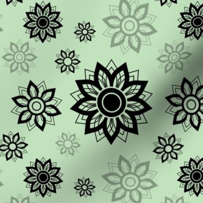 Floral Layered Mandala Mint Black Circles Pattern 