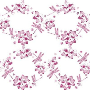  Pink Flowers and Dragonflies Seamless Pattern