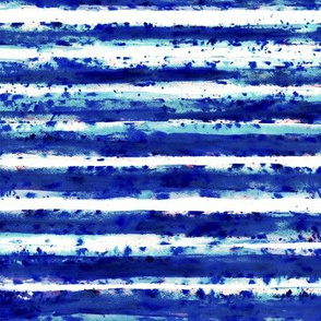 Tie Dye Hand Painted Watercolor Horizontal Stripes Indigo Blue- Royal Blue Medium- Nautical- Sea- Beach