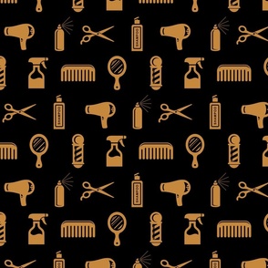 Salon & Barber Hairdresser Pattern in Gold with Black Background (Large Scale)