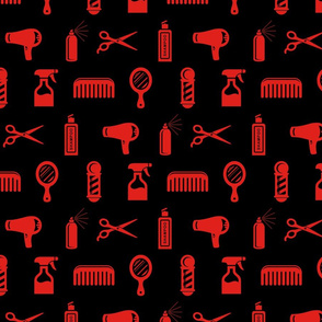 Salon & Barber Hairdresser Pattern in Red with Black Background (Large Scale)