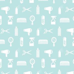 Salon & Barber Hairdresser Pattern in White with Ice Blue Background (Large Scale)
