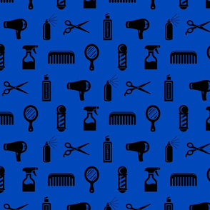 Salon & Barber Hairdresser Pattern in Black with Cobalt Blue Background (Large Scale)