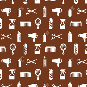 Salon & Barber Hairdresser Pattern in Black with Walnut Brown Background (Large Scale)