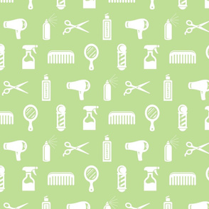 Salon & Barber Hairdresser Pattern in White with Soft Green Background (Large Scale)