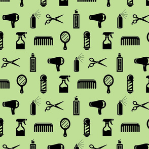 Salon & Barber Hairdresser Pattern in Black with Soft Green Background (Large Scale)