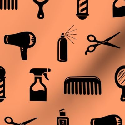 Salon & Barber Hairdresser Pattern in Black with Tangerine Orange Background (Large Scale)