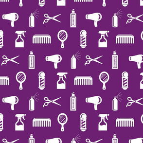 Salon & Barber Hairdresser Pattern in White with Violet Purple Background (Large Scale)