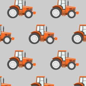 orange tractors on grey - farm themed fabric C20BS