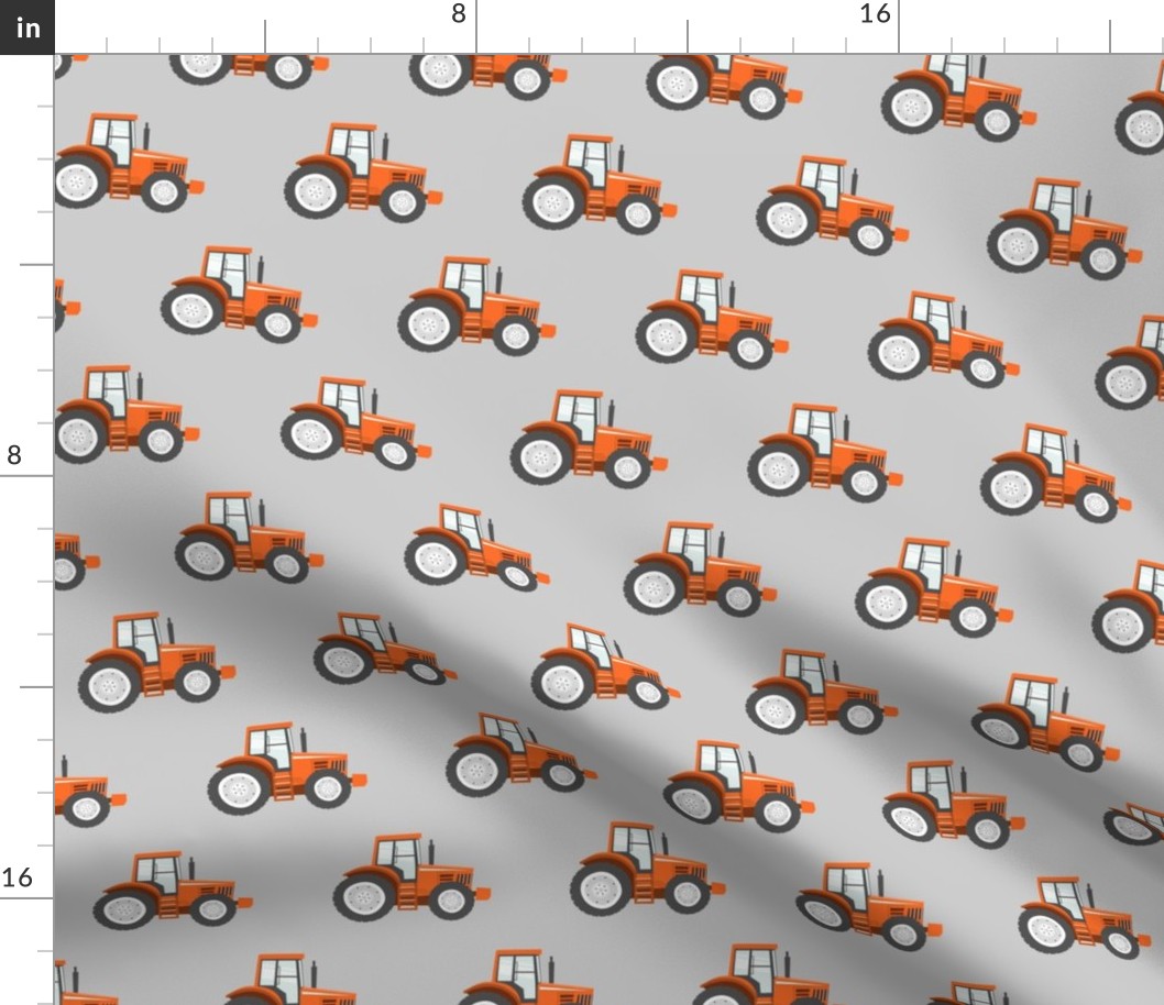 orange tractors on grey - farm themed fabric C20BS