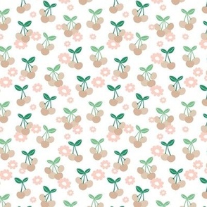 Daisies & Cherries Beige Green on white SS