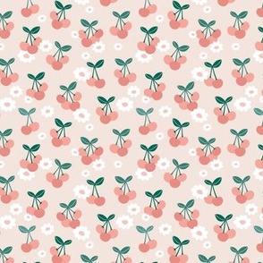 Daisies & Cherries Beige Coral Green SS