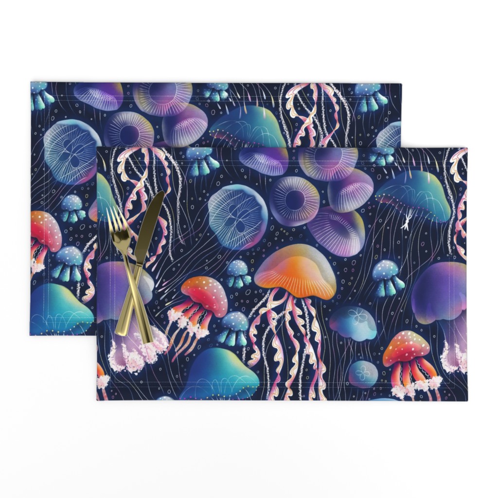 Jellyfish bioluminescent disco party, awesome sea creatures pattern