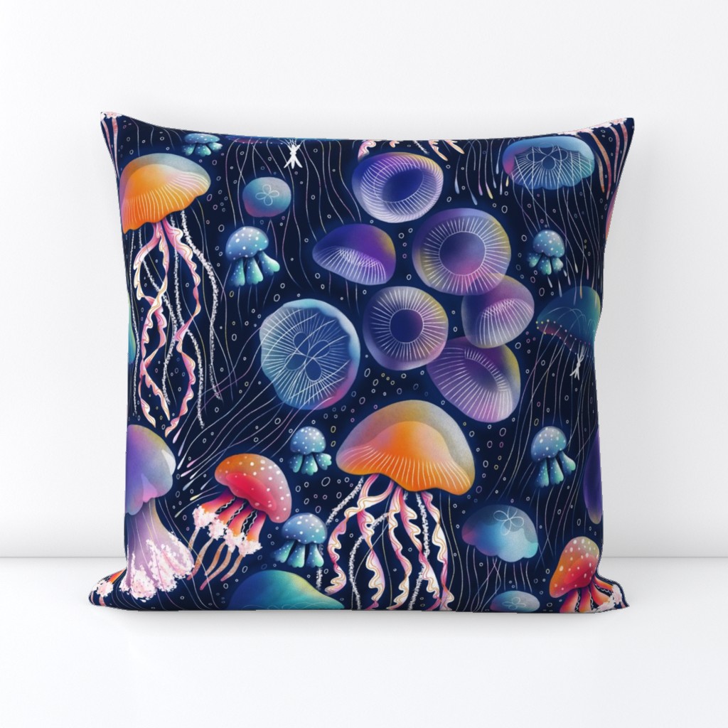 Jellyfish bioluminescent disco party, awesome sea creatures pattern