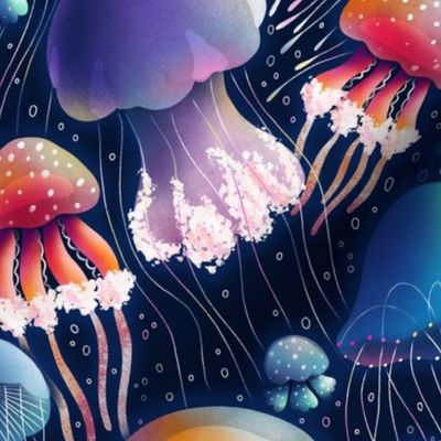 Jellyfish bioluminescent disco party, awesome sea creatures pattern