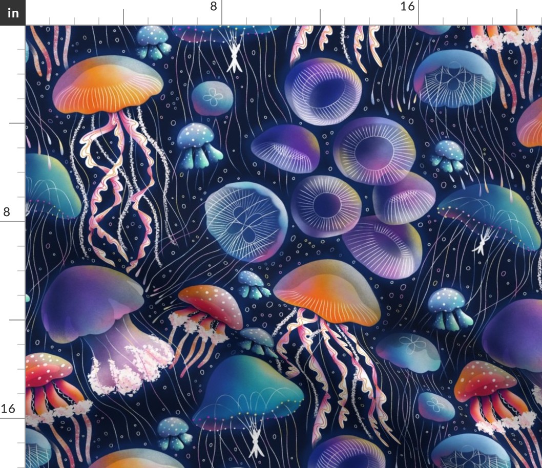 Jellyfish bioluminescent disco party, awesome sea creatures pattern