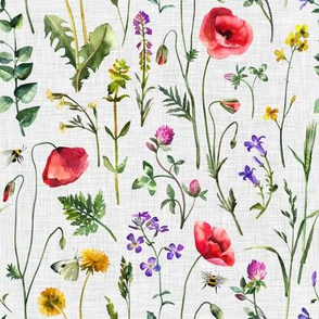 Summer Meadow / Grey Linen Texture / Small Scale             