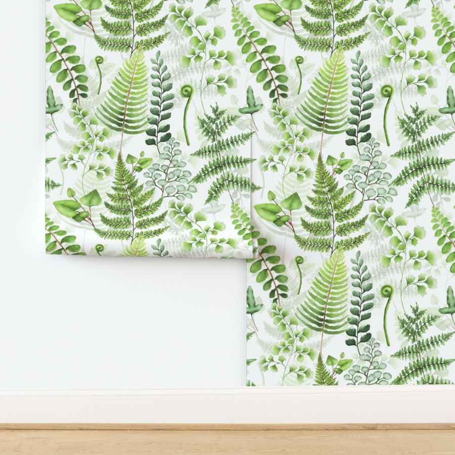 9" Woodland green forest botanical - fern leaves on white