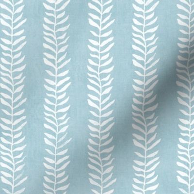 Botanical Block Print in Turquoise | Leaf pattern fabric from original block print, plant fabric, white on duck egg blue.