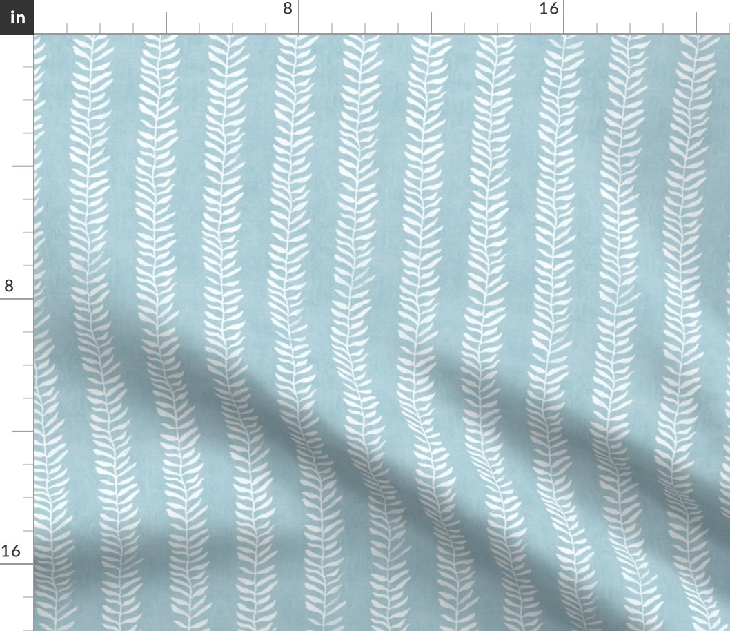 Botanical Block Print in Turquoise | Leaf pattern fabric from original block print, plant fabric, white on duck egg blue.