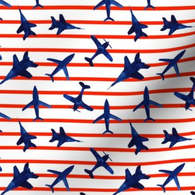 Patriotic airplanes - blue with red stripes - watercolor design for 4th July Independence day