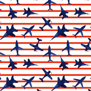 Patriotic airplanes - blue with red stripes - watercolor design for 4th July Independence day