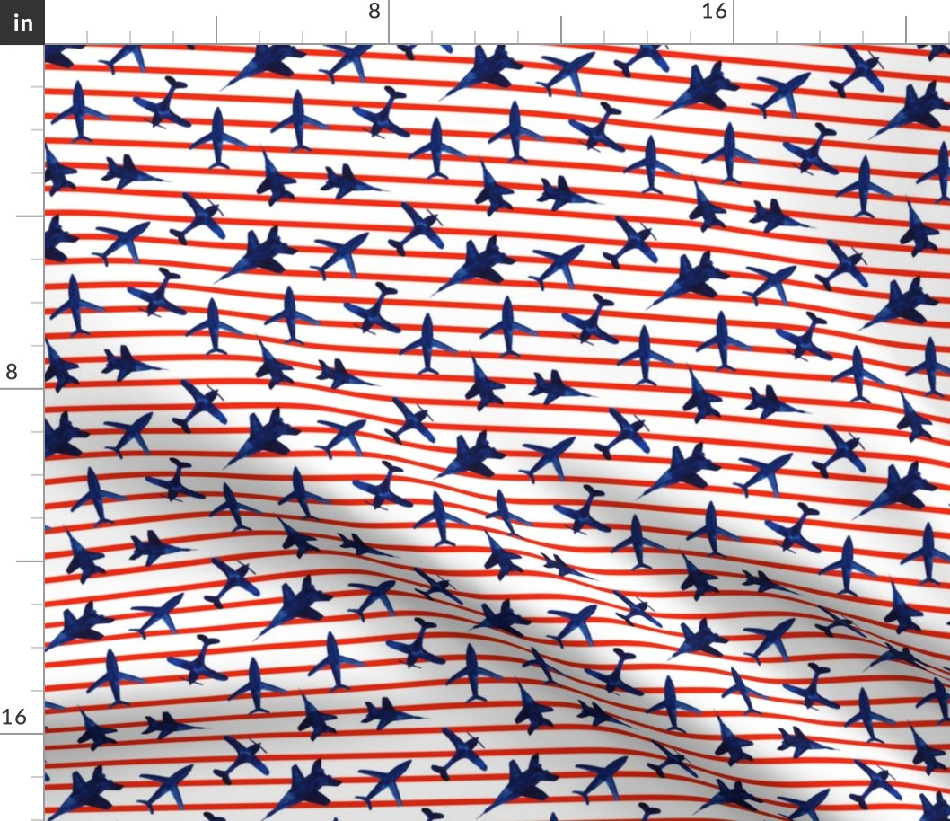 Patriotic airplanes - blue with red stripes - watercolor design for 4th July Independence day