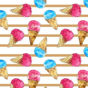 Watercolor ice cream cones with stripes - painted sweets for modern nursery