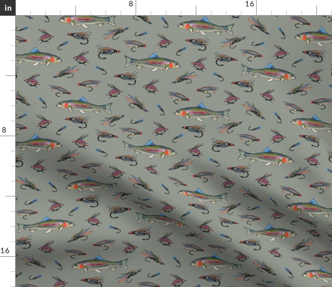 Fly Fishing - Sage Green (Flies and Rainbow Trout) Fabric  byclairekalinadesigns