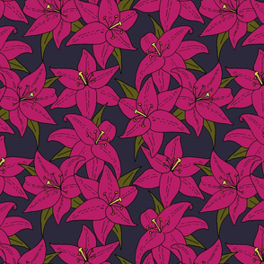 Large Purple Lily Pattern on Navy Blue