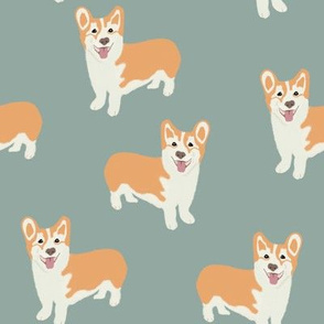 corgi on teal on eucalyptus