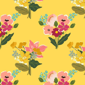 Bright Boho florals, Farmhouse florals Yellow Pink Mustard yellow TerriConradDesigns