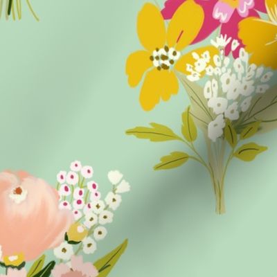 Bright Boho flowers, Farmhouse Flowers ,Cottage florals Blue Pink Mustard yellow  TerriConradDesigns